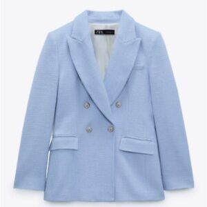 ZARA PASTEL BLUE TWEED TEXTURED LONG FITTED BLAZER/JACKET. Size: XS. Never worn.